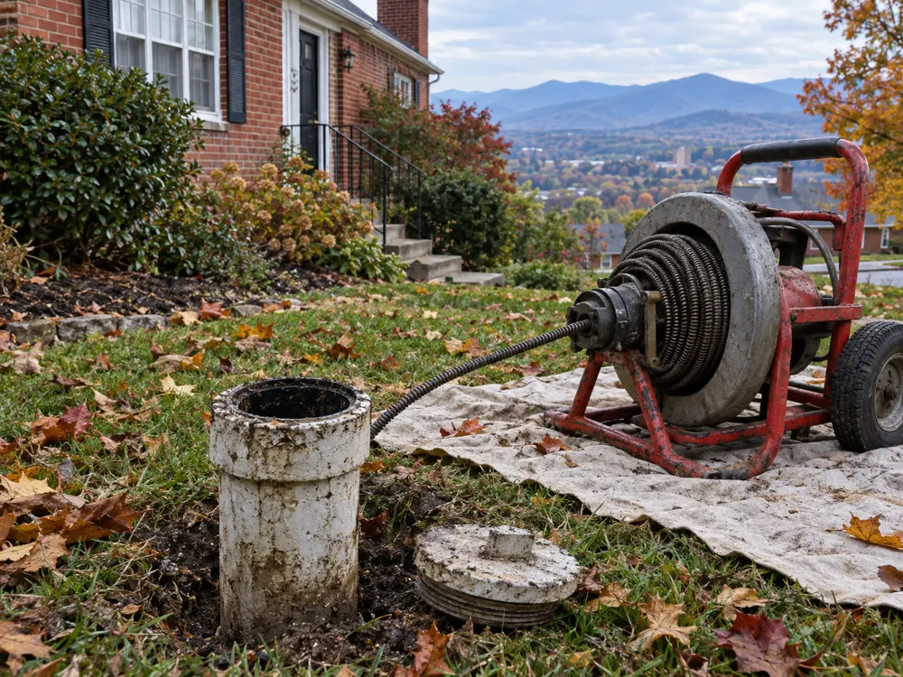 Sewer cleanout with drain cleaning machine in the yard of a brick home